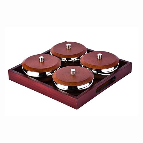 Skitch Stainless Steel Snacks Serving Bowl with Tray (4 Bowl with Lid, 1 Wooden Tray)