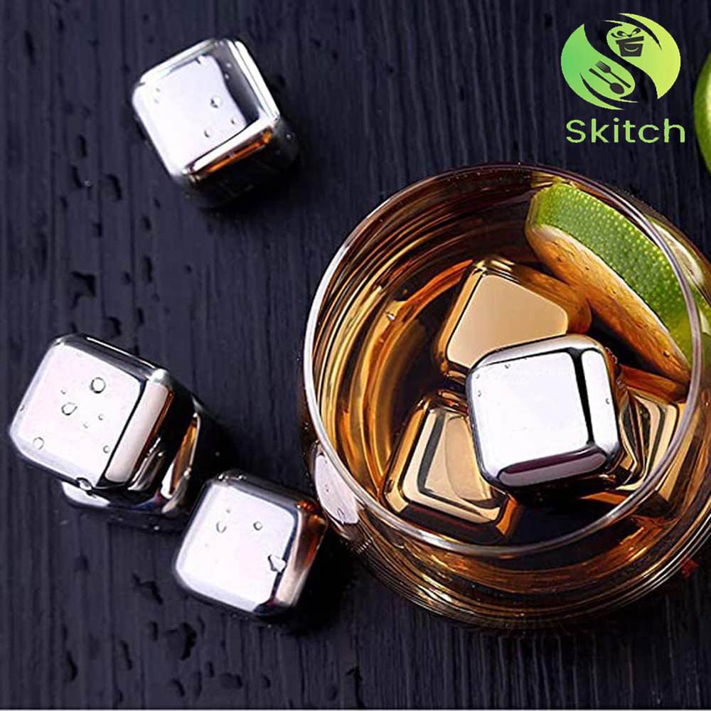 SKITCH Stainless Steel Ice Cubes for Whiskey Stones, Reusable Chilling Stones for Whiskey Wine, Vodka, Liqueurs, White Wine, Beer (4)