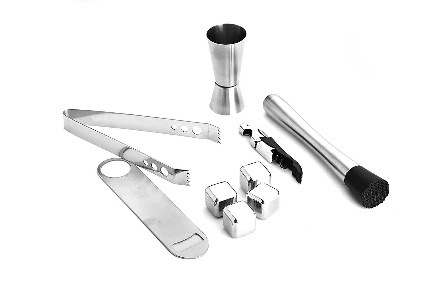 SKITCH 6 Pieces Professional Barware Combo - Cocktail & Mocktail Mixer Bar Set for Gift - Muddler, Bottle Opener, Peg Measure, Ice Cubes| Silver, Cocktail Set