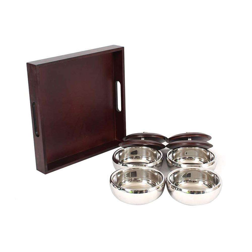 Skitch Stainless Steel Snacks Serving Bowl with Tray (4 Bowl with Lid, 1 Wooden Tray)