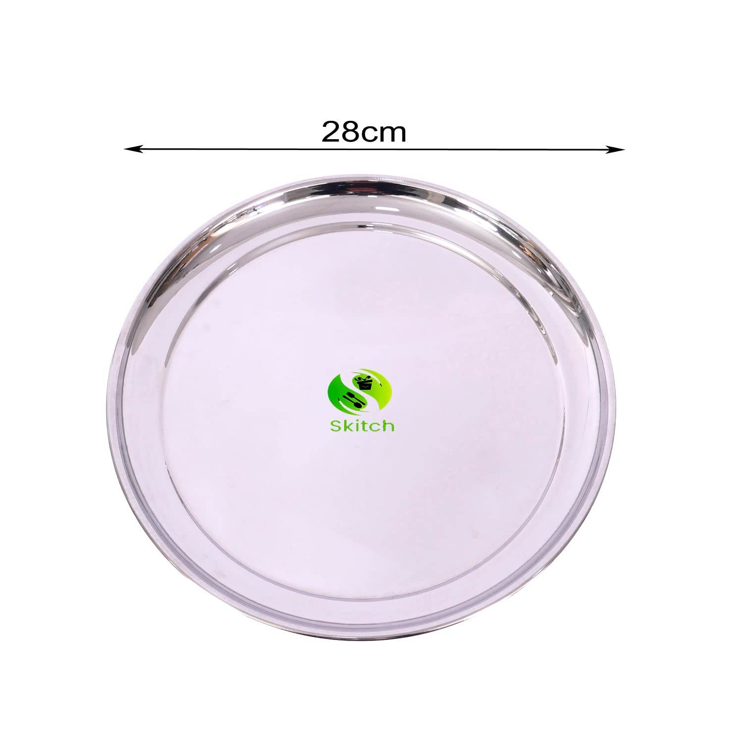 Skitch18/8 Stainless Steel Plates, Metal 304 Dinner Dishes (Pack of 6) Heavy Gauge Shallow Lunch/Dinner Plate Set Mirror Finish 28cm Diameter