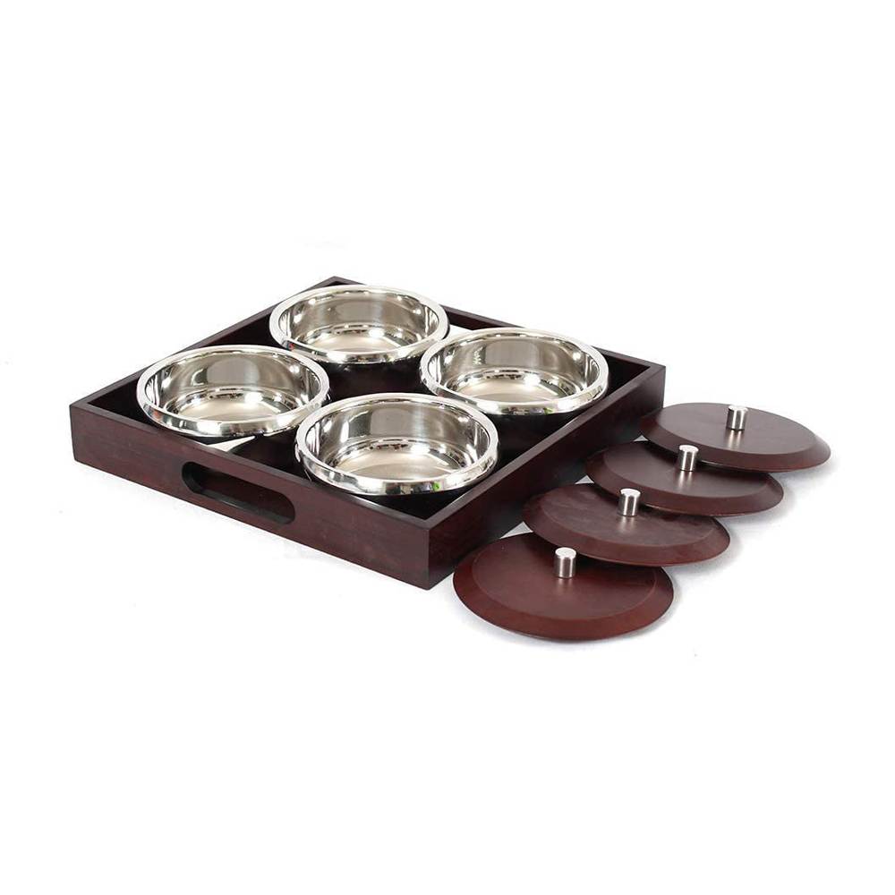 Skitch Stainless Steel Snacks Serving Bowl with Tray (4 Bowl with Lid, 1 Wooden Tray)