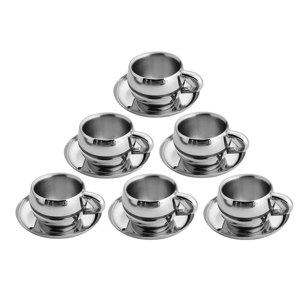 Stainless Steel Chai Cup with Plate Unbreakable Cups 80ml (Set of 6)