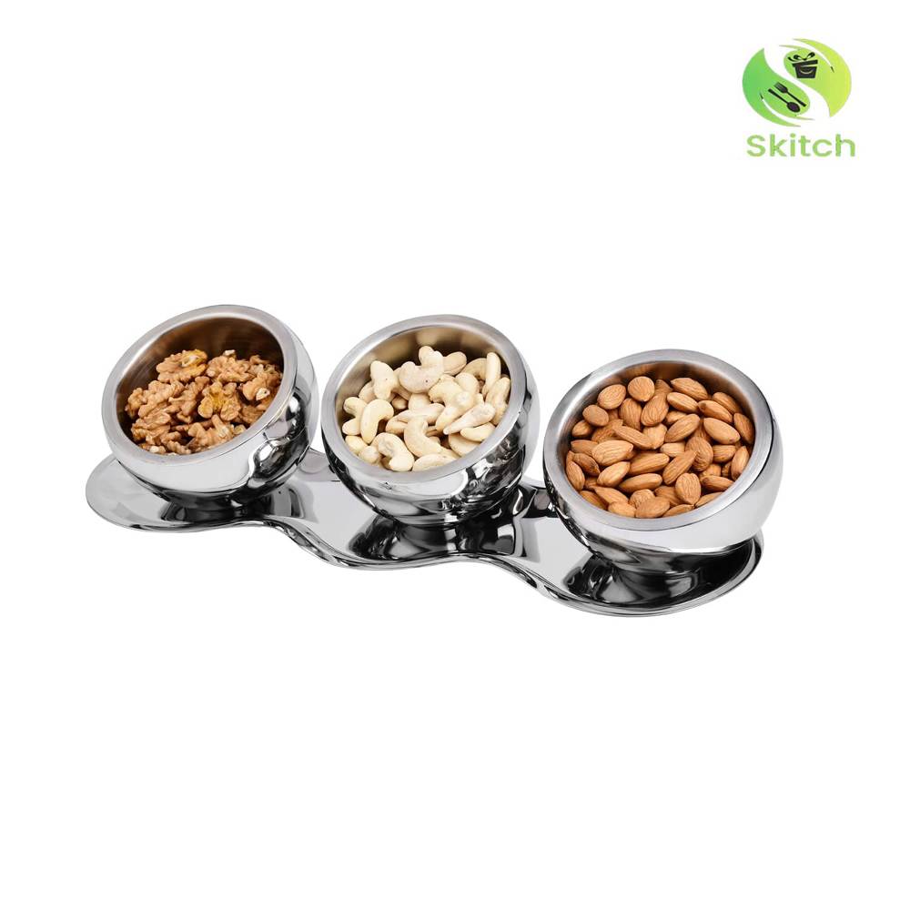 Skitch Stainless Steel Snacks Serving 3 Candy Bowl with Plate (Straight)