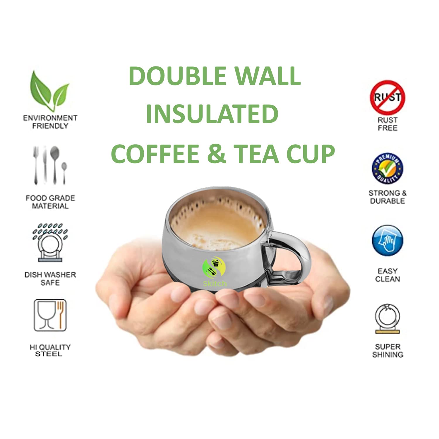 Skitch® Stainless Steel Chai Cup with Plate - Durable 80ml Tea & Coffee Mug Set with Saucer