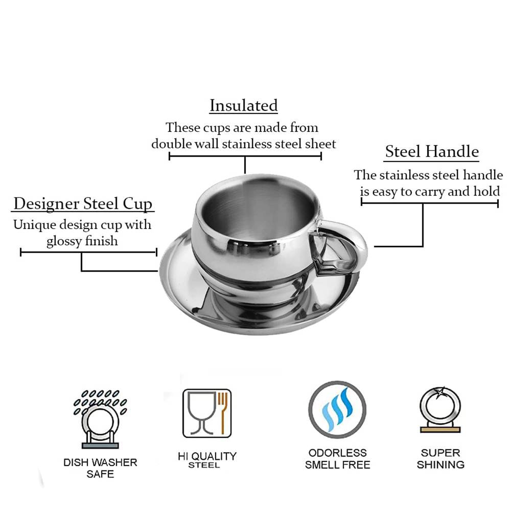 Stainless Steel Chai Cup with Plate Unbreakable Cups 80ml (Set of 6)