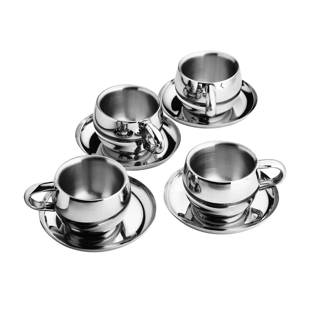 Stainless Steel Chai Cup with Plate Unbreakable Cups 80ml (Set of 6)