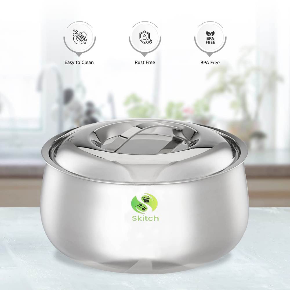 Skitch Stainless Steel Double Wall Belly Shape Casserole with Lid Model-2000 Insulated Thermal Serving Hot Case Bowl Hot Food Up to 8 Hour (Pack of 1)