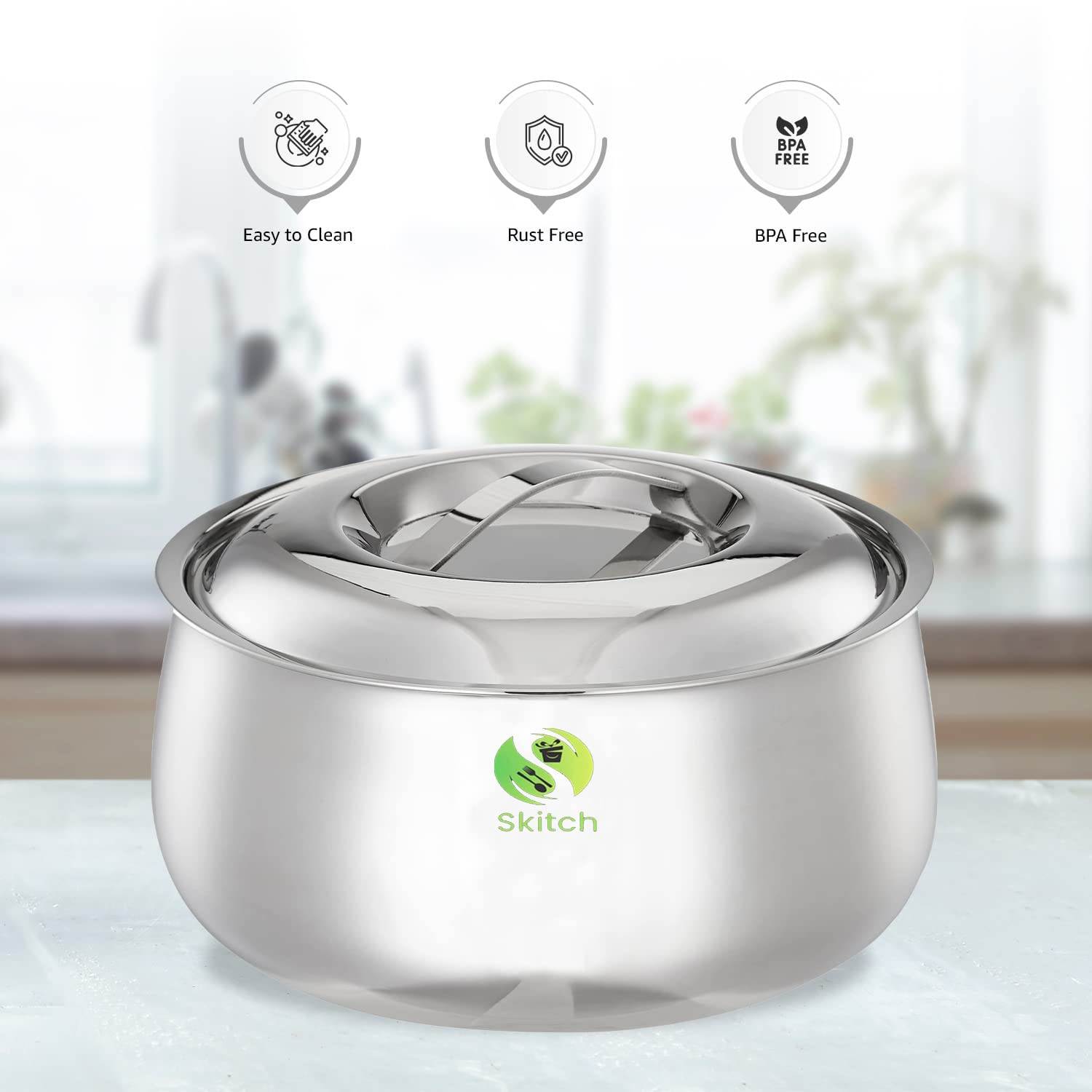 Skitch® Stainless Steel Double Wall Casserole with Lid - 1500 ml | Insulated Thermal Serving Hot Case for Hot Food