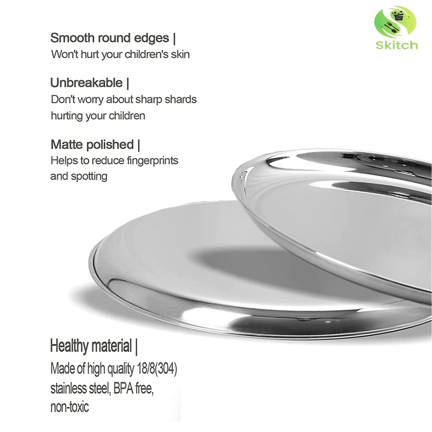Skitch18/8 Stainless Steel Plates, Metal 304 Dinner Dishes (Pack of 6) Heavy Gauge Shallow Lunch/Dinner Plate Set Mirror Finish 28cm Diameter