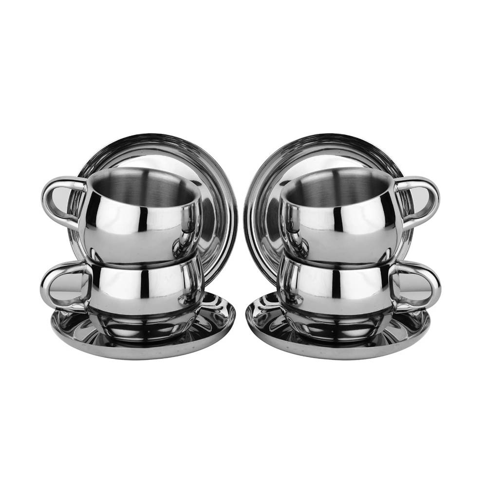 Stainless Steel Chai Cup with Plate Unbreakable Cups 80ml (Set of 6)