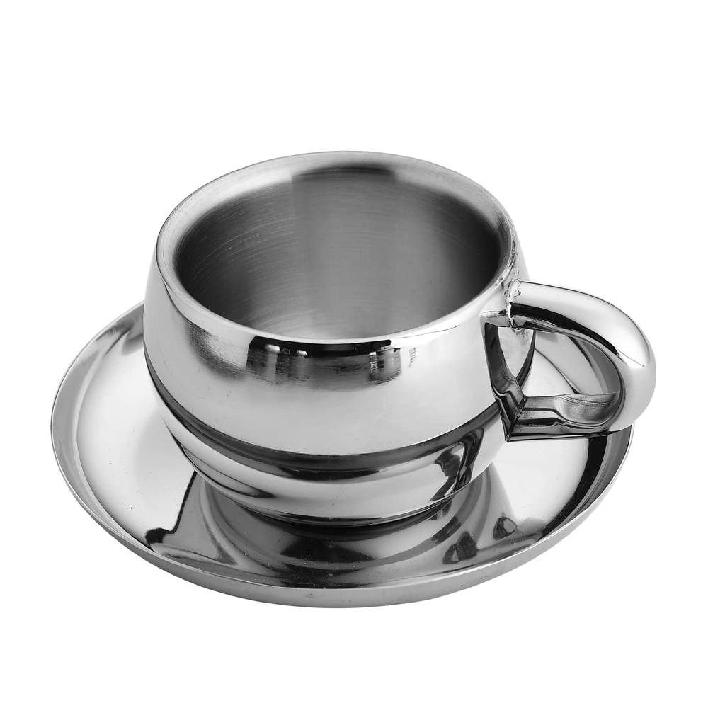 Stainless Steel Chai Cup with Plate Unbreakable Cups 80ml (Set of 6)