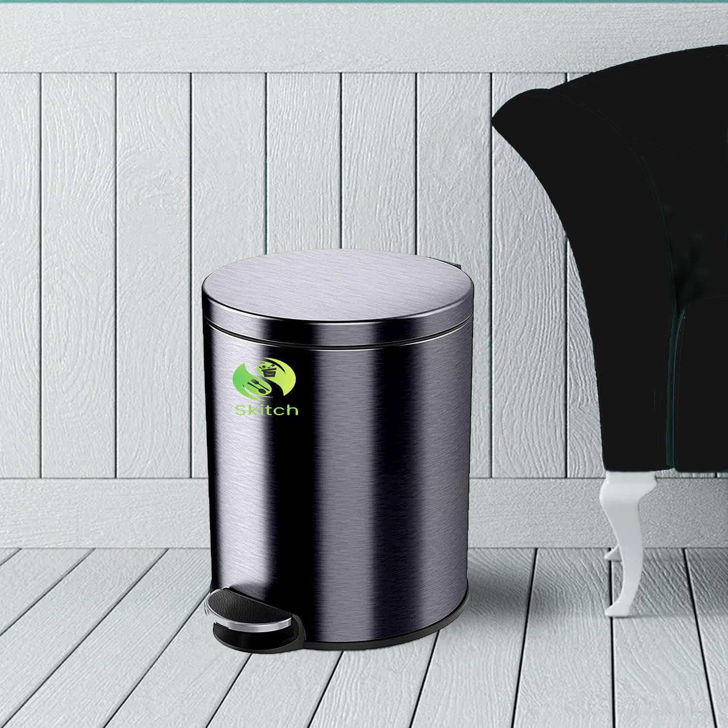 Skitch® Stainless Steel Pedal Dustbin | Round Shape Lid Dustbin (15 Ltr, Black)
