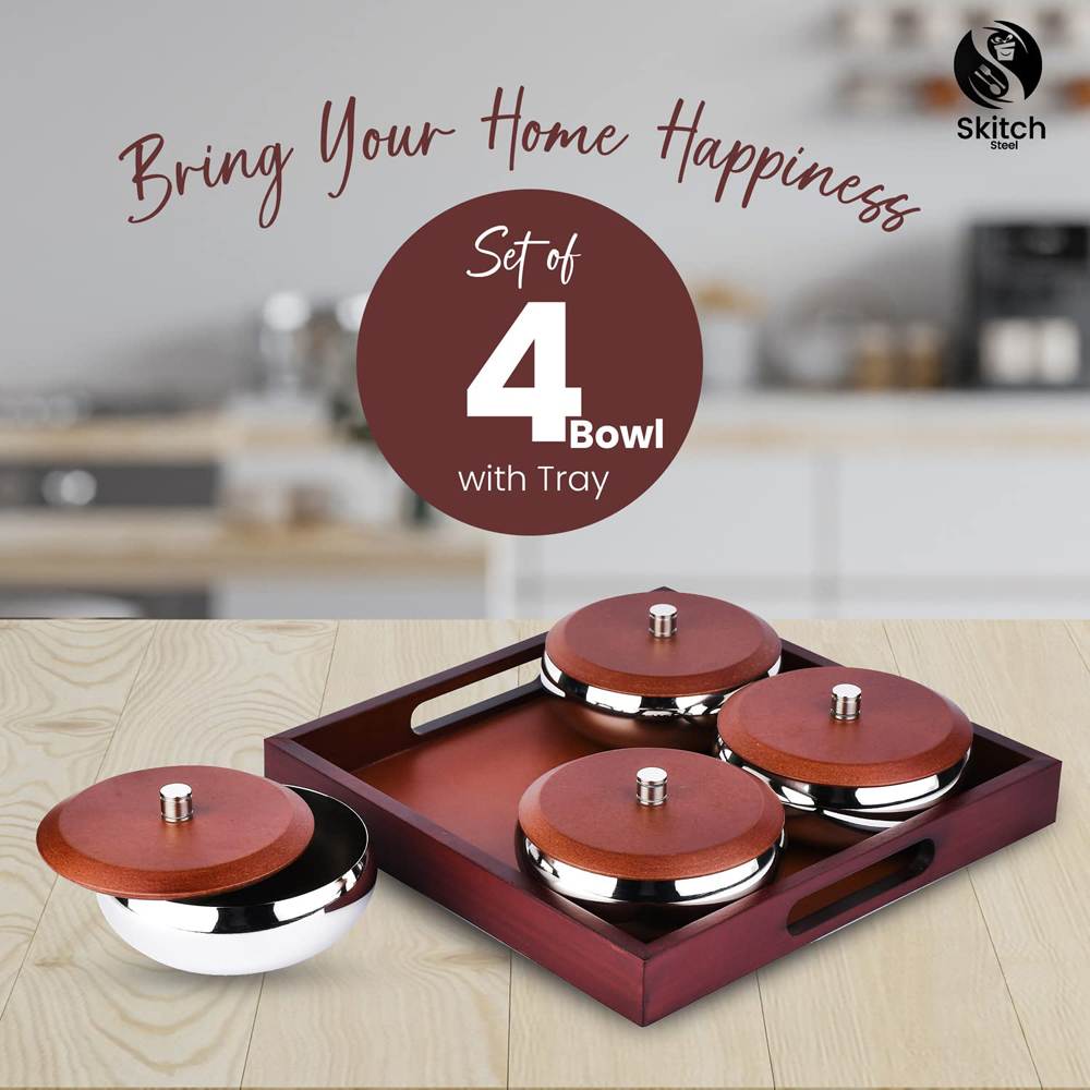 Skitch Stainless Steel Snacks Serving Bowl with Tray (4 Bowl with Lid, 1 Wooden Tray)