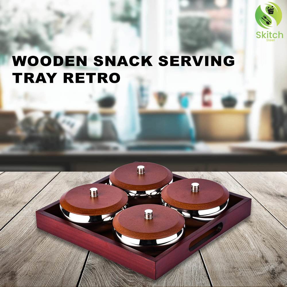 Skitch Stainless Steel Snacks Serving Bowl with Tray (4 Bowl with Lid, 1 Wooden Tray)