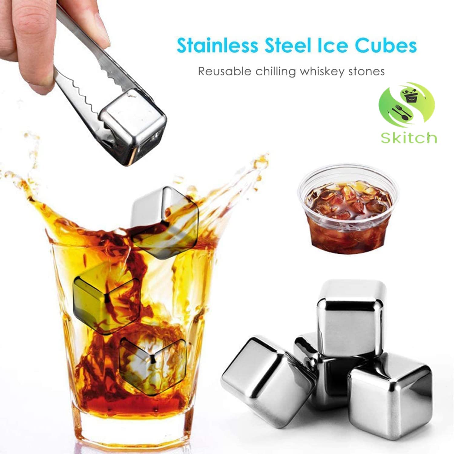 SKITCH Stainless Steel Ice Cubes for Whiskey Stones, Reusable Chilling Stones for Whiskey Wine, Vodka, Liqueurs, White Wine, Beer