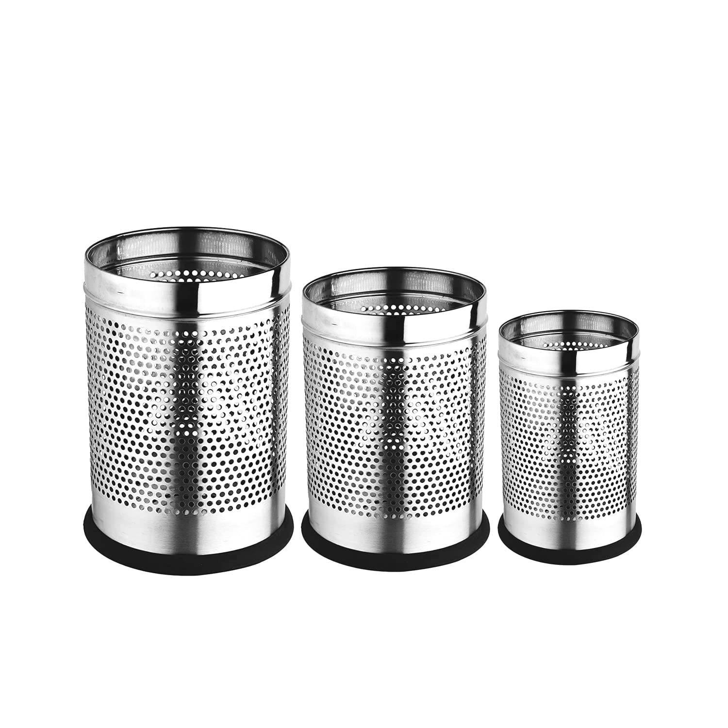 Skitch® Stainless Steel Open Perforated Dustbin Set for Home and Office - 3 Sizes, 6L, 10L, 18L(Black)