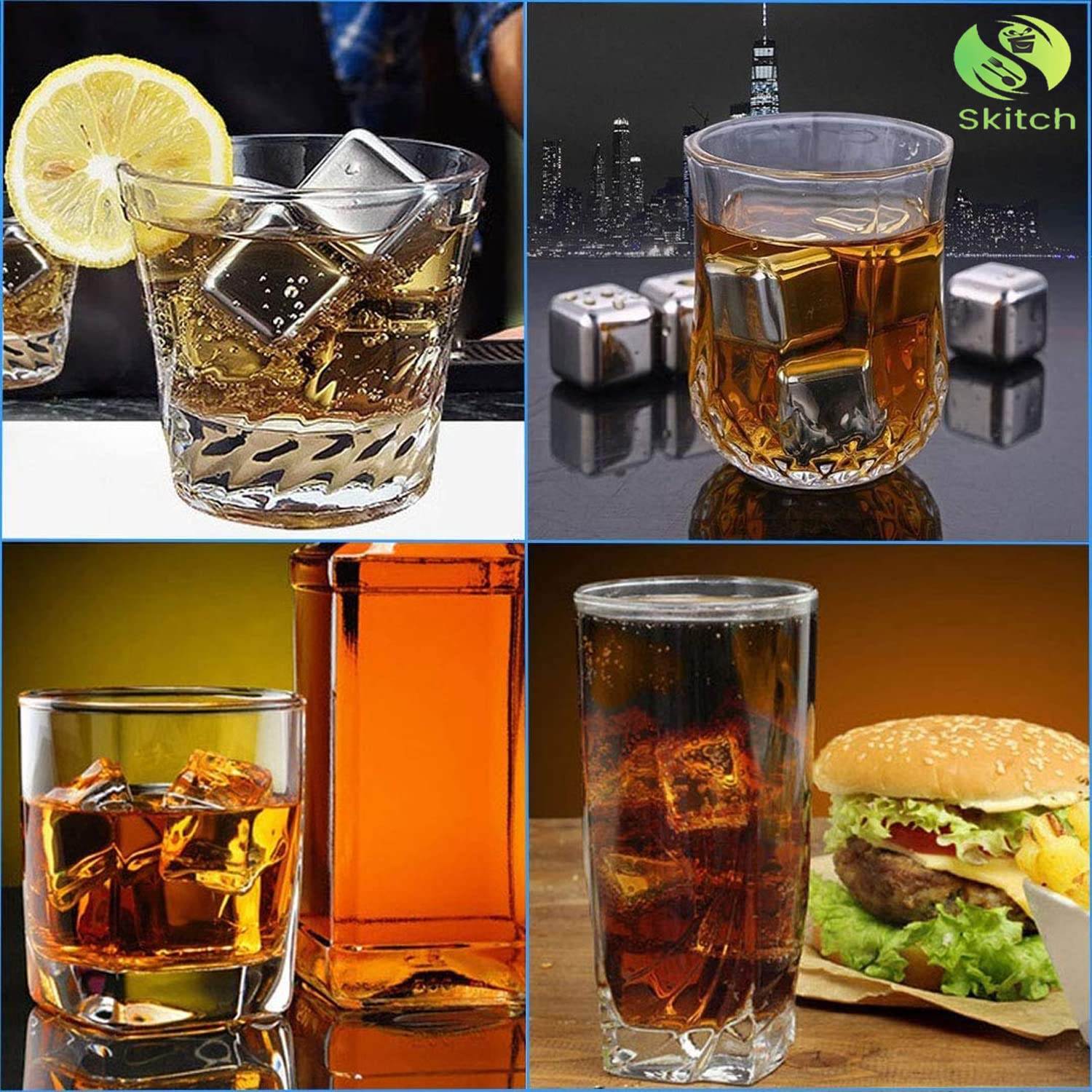 SKITCH Stainless Steel Ice Cubes for Whiskey Stones, Reusable Chilling Stones for Whiskey Wine, Vodka, Liqueurs, White Wine, Beer