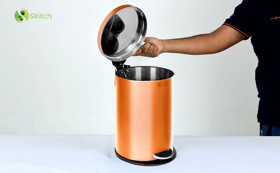 Skitch® Stainless Steel Pedal Dustbin | Round Shape Lid Dustbin (15 Ltr, Rose Gold)