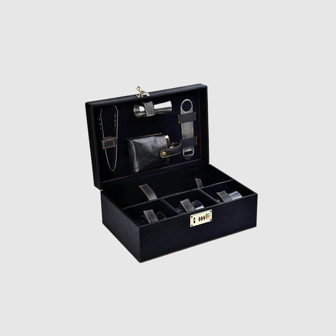 Mega Bar Set | Portable Leatherette Briefcase Bar Set 3 Glasses with Stylish Bottle Opener