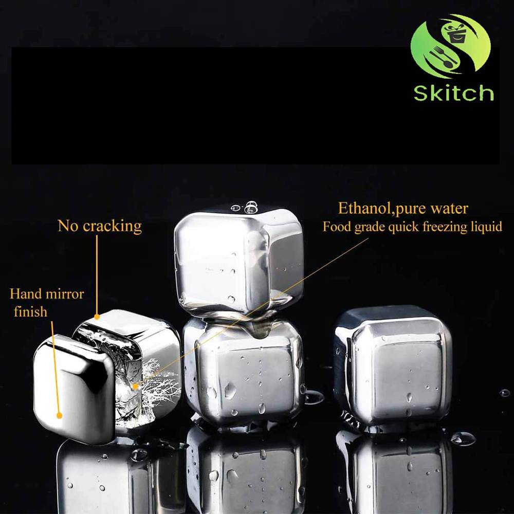 SKITCH Stainless Steel Ice Cubes for Whiskey Stones, Reusable Chilling Stones for Whiskey Wine, Vodka, Liqueurs, White Wine, Beer (4)