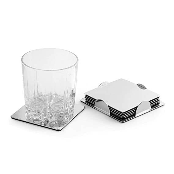Skitch® Stainless Steel Drink Coasters - Set of 6 with Wood Finish