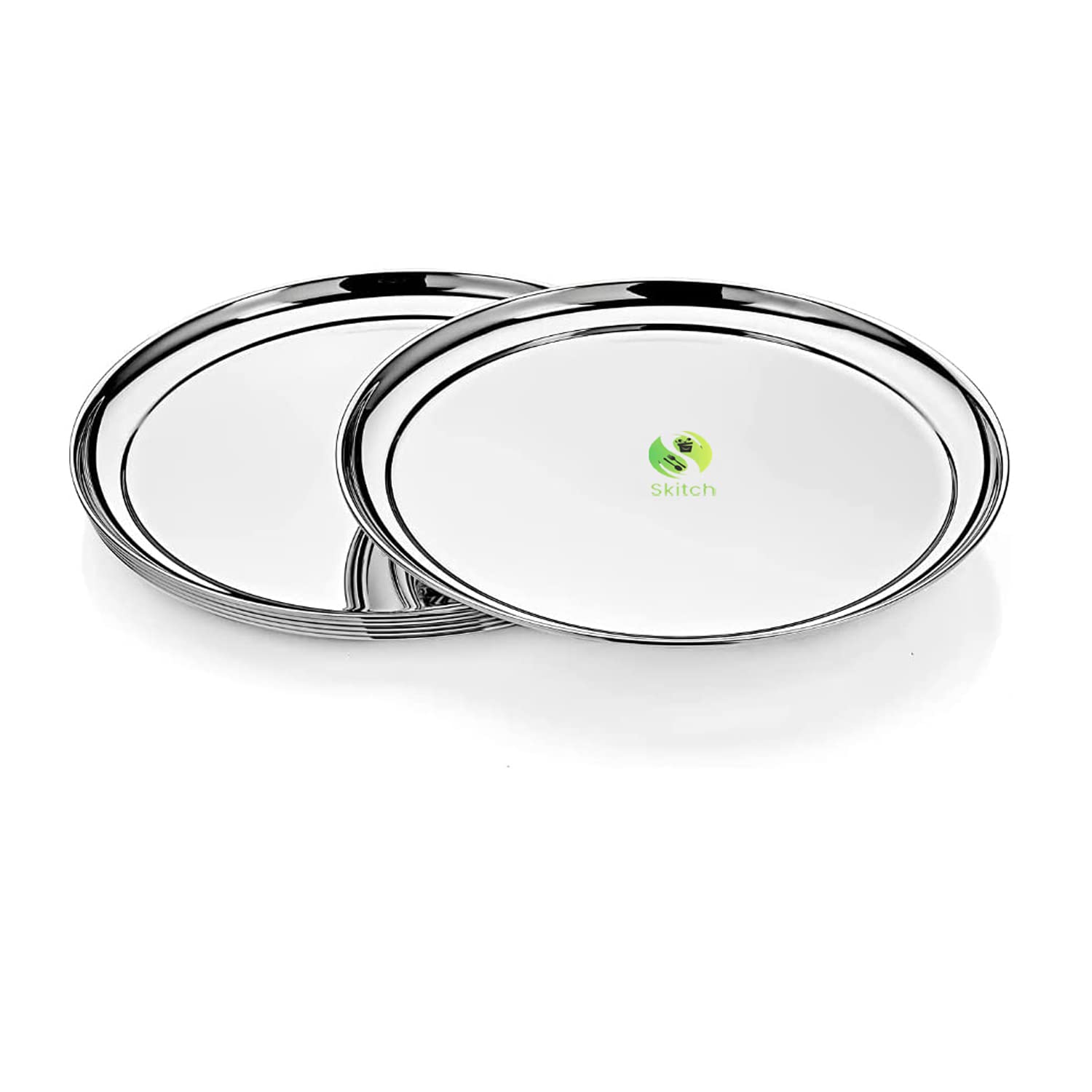 Skitch18/8 Stainless Steel Plates, Metal 304 Dinner Dishes (Pack of 6) Heavy Gauge Shallow Lunch/Dinner Plate Set Mirror Finish 28cm Diameter