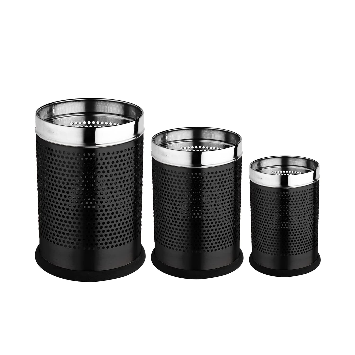 Skitch® Stainless Steel Open Perforated Dustbin Set for Home and Office - 3 Sizes, 6L, 10L, 18L(Black)