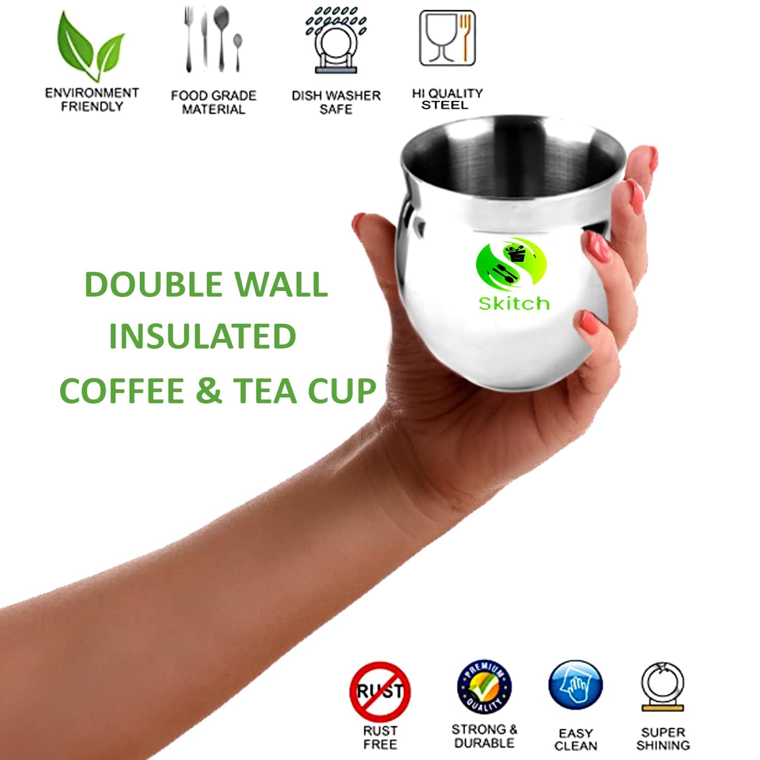 Skitch Stainless Steel Chai Coffee Lassi Kullad Unbreakable Double Wall Insulated Glossy Kullad/Kulhad 125ml Each