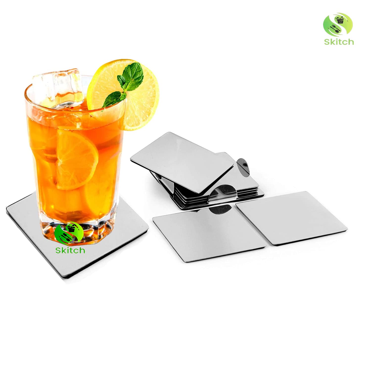 Skitch® Stainless Steel Drink Coasters - Set of 6 with Wood Finish
