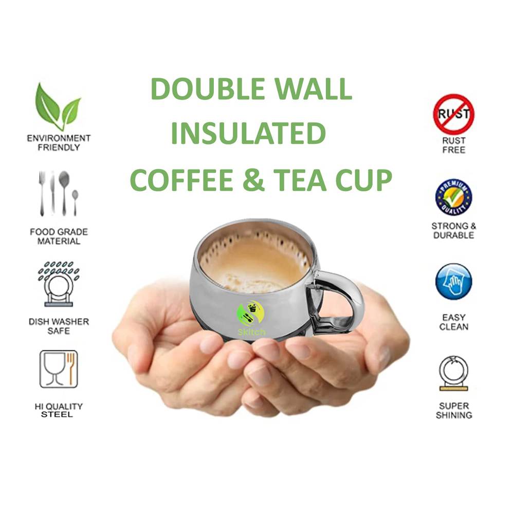 Skitch® Stainless Steel Chai Cup with Plate – Durable 80ml Tea & Coffee Mug Set with Saucer (Set of 6)