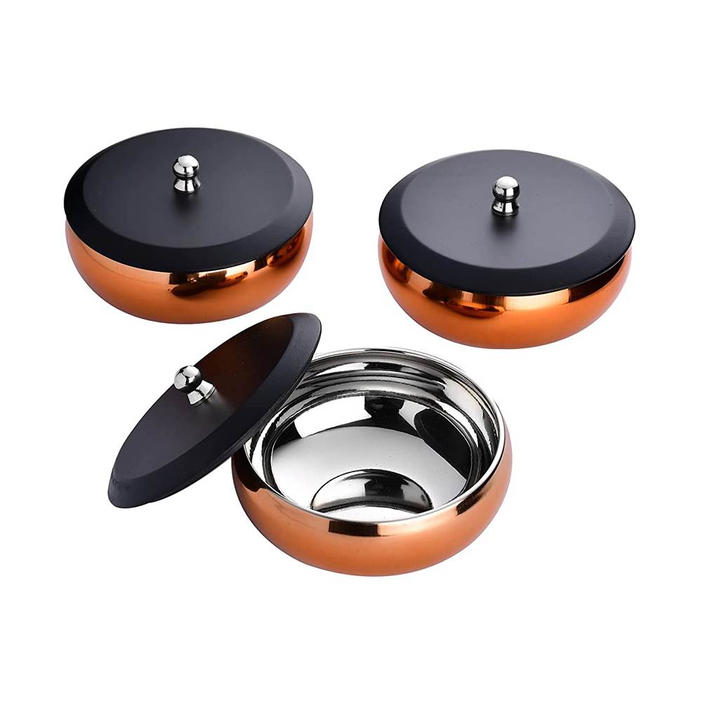 Skitch Stainless Steel Snacks Serving 3 Pcs Bowl with Lid & Plate