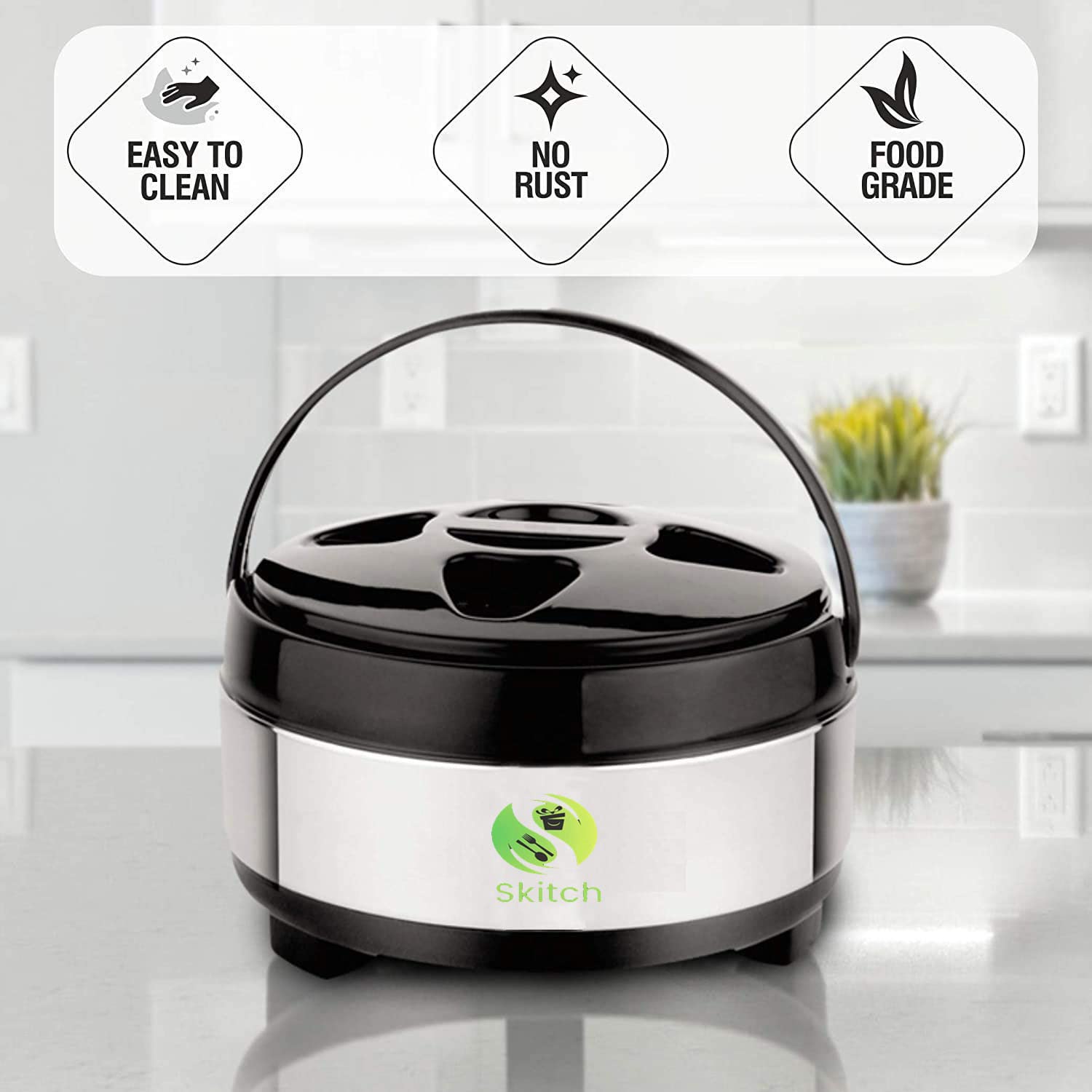 Skitch Casserole Storage for Serving Hot Meal Food for Bread Like Roti Dal Vegetables, with Plastic Cover Lid and Steel Bottom