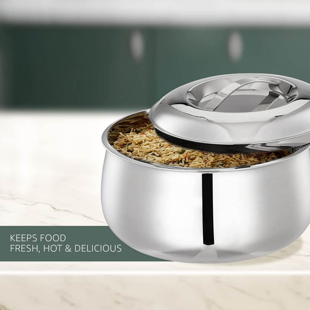 Skitch Stainless Steel Double Wall Belly Shape Casserole with Lid Model-2000 Insulated Thermal Serving Hot Case Bowl Hot Food Up to 8 Hour (Pack of 1)