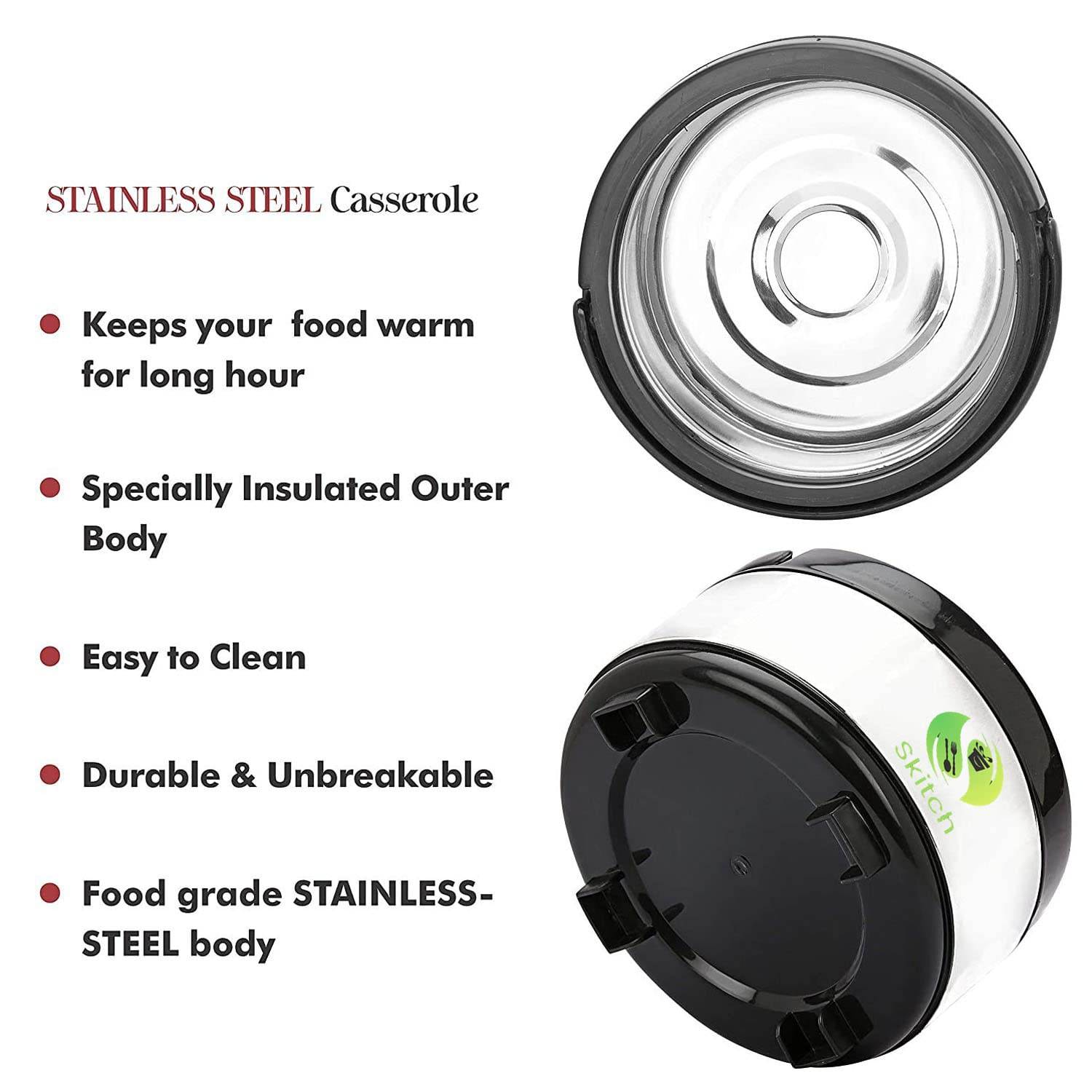 Skitch Casserole Storage for Serving Hot Meal Food for Bread Like Roti Dal Vegetables, with Plastic Cover Lid and Steel Bottom