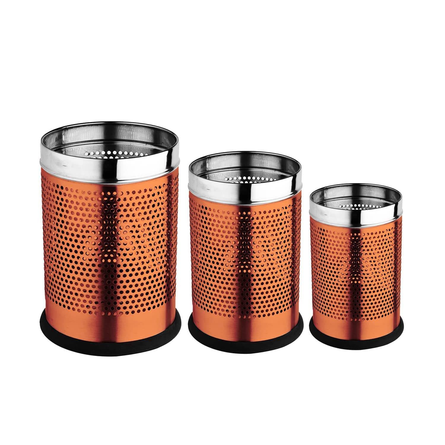 Skitch® Stainless Steel Open Perforated Dustbin Set for Home and Office - 3 Sizes, 6L, 10L, 18L(Black)