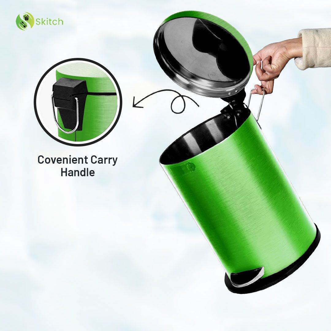Skitch® Stainless Steel Pedal Dustbin | Round Shape Lid Dustbin (15 Ltr, Green)