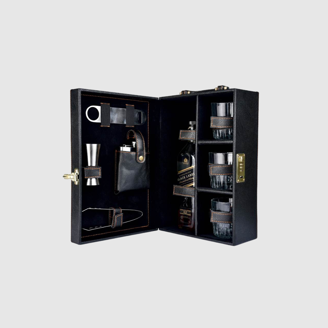 Mega Bar Set | Portable Leatherette Briefcase Bar Set 3 Glasses with Stylish Bottle Opener